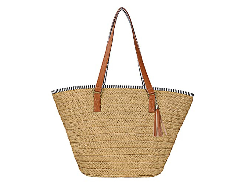 Bolsa de Mão de Palha para Mulheres Bolsa de Praia de Trigo Mulher Tecida Bolsas Boho com Alça de Madeira