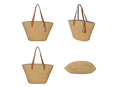Bolsa de Mão de Palha para Mulheres Bolsa de Praia de Trigo Mulher Tecida Bolsas Boho com Alça de Madeira